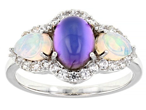 8x6mm Violet Aurora Moonstone With Ethiopian Opal & 0.77ctw White Zircon Rhodium Over Silver Ring - Size 7