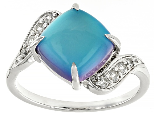 Square Cushion Blue Aurora Moonstone with 0.24ctw White Zircon Rhodium Over Sterling Silver Ring - Size 8