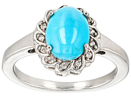 9x7mm Oval Cabochon Sleeping Beauty Turquoise With .08ctw White Zircon Rhodium Over Silver Ring - Size 10