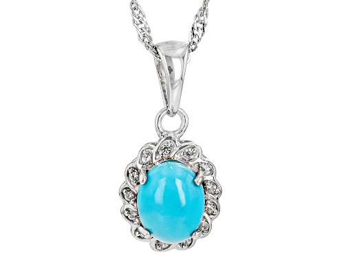 9x7mm Oval Sleeping Beauty Turquoise With .08ctw White Zircon Rhodium Over Silver Pendant With Chain