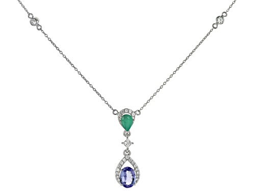 0.85ct Tanzanite with 0.32ctw Sakota Emerald and 0.40ctw White Zircon Rhodium Over Silver Necklace - Size 18