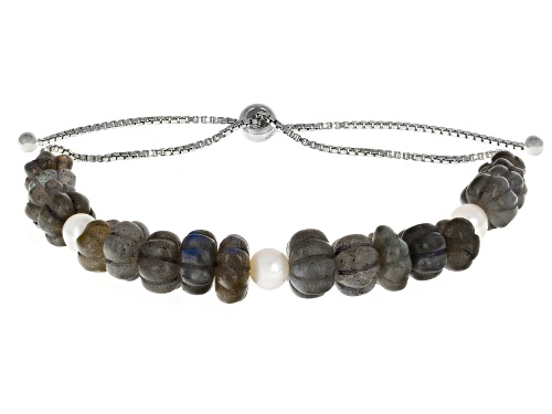 6-8mm Gray Labradorite with Cultured Freshwater Pearl Rhodium Over Sterling Silver Bolo Bracelet