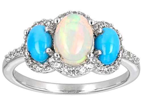 Ethiopian Opal with Sleeping Beauty Turquoise & 0.34ctw White Zircon Rhodium Over Silver Ring - Size 7