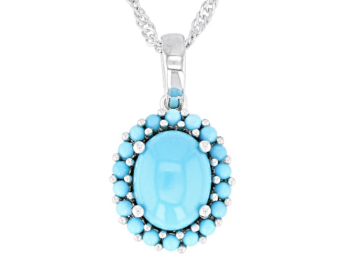 9x7mm Oval & 1.6mm Round Sleeping Beauty Turquoise Rhodium Over Sterling Silver Pendant with Chain