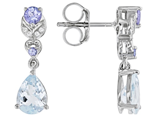 1.53ctw Aquamarine with 0.46ctw Tanzanite And White Zircon Platinum Over Sterling Silver Earrings