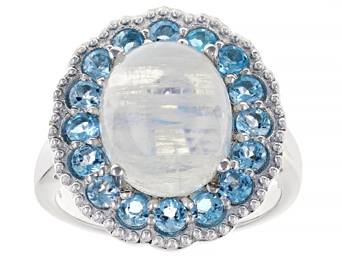 12x10mm Rainbow Moonstone with 1.22ctw Swiss Blue Topaz Rhodium Over Sterling Silver Ring - Size 8