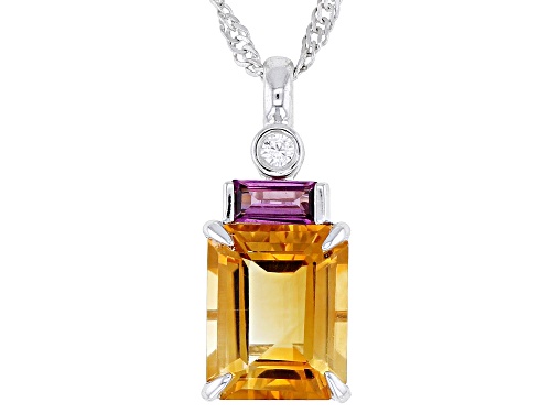 2.66ct Citrine with 0.23ct Rhodolite and 0.04ct White Zircon Rhodium Over Silver Pendant with Chain