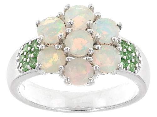 0.95ctw Round Ethiopian Opal With 0.35ctw Round Tsavorite Rhodium Over Sterling Silver Ring - Size 6