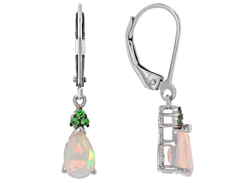 0.77ctw Ethiopian Opal with 0.09ctw Tsavorite Rhodium Over Sterling Silver Earrings
