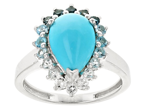 12x8mm Sleeping Beauty Turquoise With 0.80ctw Blue & White Topaz Rhodium Over Sterling Silver Ring - Size 10