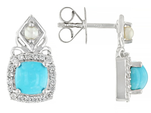 Sleeping Beauty Turquoise With White Zircon & Cultured Freshwater Pearl Rhodium Over Silver Earrings