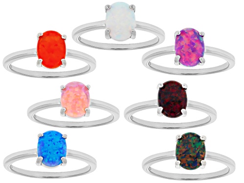 8x6mm Lab Created Multi Color Opal Rhodium Over Sterling Silver Set of 7 Rings with Box - Size 8