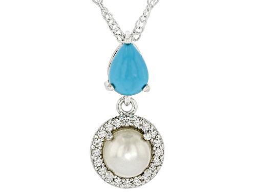 Sleeping Beauty Turquoise, Cultured Freshwater Pearl & Zircon Rhodium Over Silver Pendant/Chain