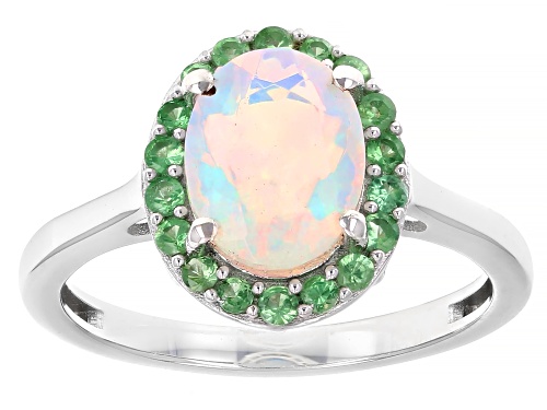 0.95ct Ethiopian Opal with 0.32ctw Mint Tsavorite Rhodium Over Sterling Silver Ring - Size 9
