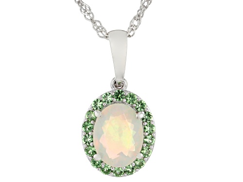 0.95ct Ethiopian Opal with 0.32ctw Tsavorite Rhodium Over Sterling Silver Pendant with Chain