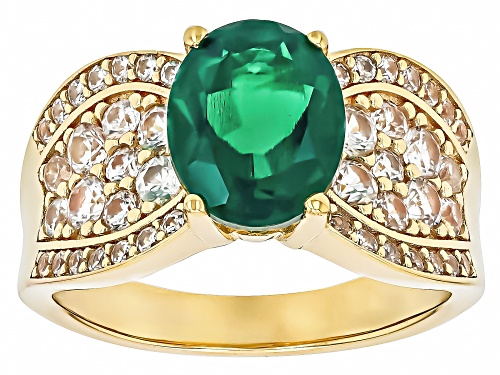 Lab Created Emerald Oval 10x8mm and White Zircon 18K Yellow Gold Over Sterling Silver Ring 2.42ctw - Size 9