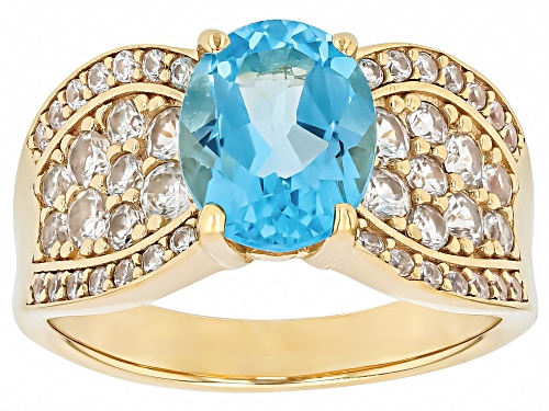 Swiss Blue Topaz Oval 10x8mm and White Zircon 18K Yellow Gold Over Sterling Silver Ring 4.29Ctw - Size 9