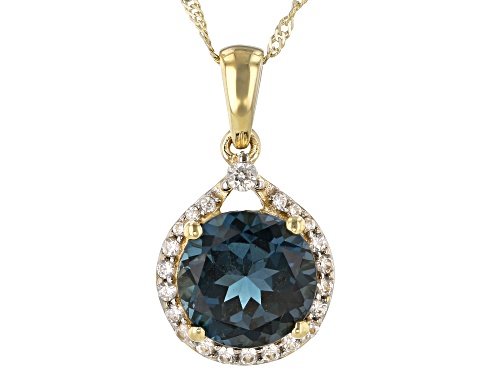 Photo of 3.12ct Round London Blue Topaz With .33ctw Round White Zircon 10k Yellow Gold Pendant With Chain