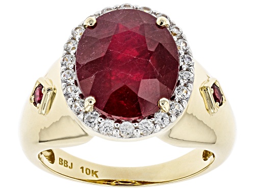 Photo of 5.65ct Oval Mahaleo® Ruby With .37ctw Zircon And .07ctw Red Spinel 10k Yellow Gold Ring - Size 6