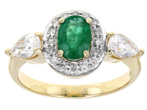 Photo of .64ct Oval Zambian Emerald With 1.19ctw White Zircon And .14ctw White Diamond 10k Yellow Gold Ring - Size 6