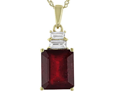 Photo of 5.27ct Octagonal Mahaleo® Ruby With 0.26ctw Baguette White Zircon 10k Yellow Gold Pendant With Chain