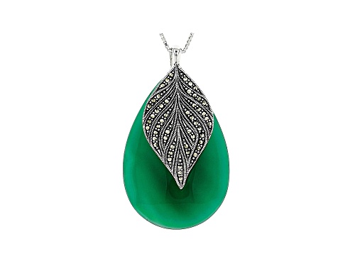 Photo of 38X25MM PEAR SHAPE GREEN ONYX WITH 1.50MM ROUND GRAY MARCASITE RHODIUM OVER SILVER PENDANT W/ CHAIN