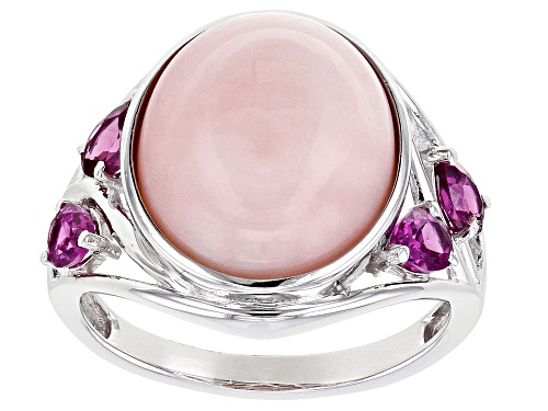 Photo of 14x12mm Oval Pink Opal With  0.79ctw Rhodolite Rhodium Over Sterling Silver Ring - Size 8