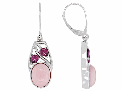 Photo of 10x8mm Oval Pink Opal With 0.79ctw Rhodolite Rhodium Over Sterling Silver Earrings
