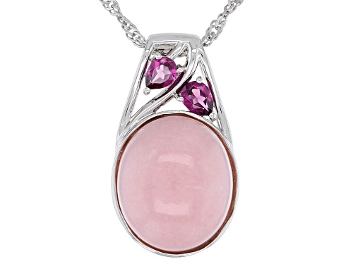 Photo of 14x12mm Oval Pink Opal With 0.39ctw Rhodolite Rhodium Over Sterling Silver Pendant With Chain