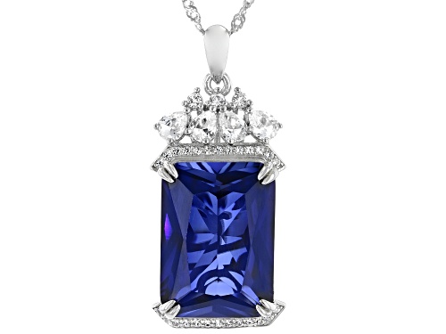 Photo of 12.75ct Lab Blue Sapphire With 0.77ctw Lab White Sapphire Rhodium Over Silver Pendant Chain