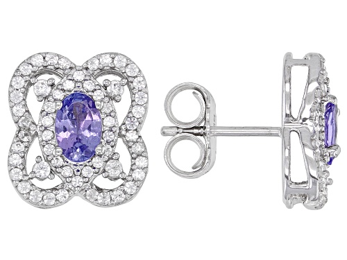 Photo of 0.79ctw Oval Tanzanite With 0.84ctw Round White Zircon Rhodium Over Sterling Silver Earrings