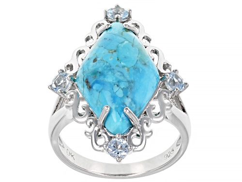 Photo of 20x12mm Turquoise With 0.22ctw Round Glacier Topaz(TM) Rhodium Over Sterling Silver Ring - Size 7