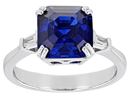 Photo of 3.61ct Asscher cut Lab Blue Spinel And 0.14ctw Lab White Sapphire Rhodium Over Sterling Silver Ring - Size 9