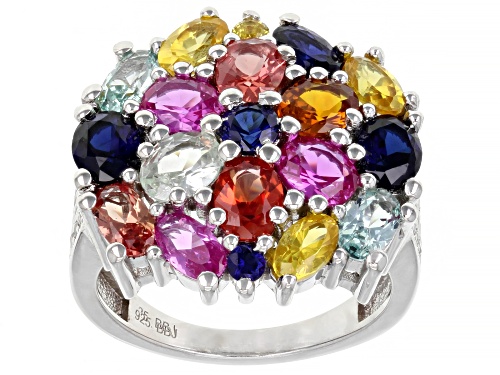 4.96ctw Multicolor Lab Created Sapphire And 0.12ctw White Zircon Rhodium Over Silver Ring - Size 7
