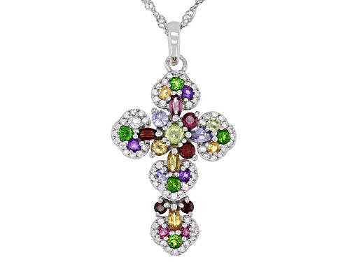 Photo of 1.84ctw Mixed Shapes Multi-Stones Rhodium Over Sterling Silver Cross Pendant With Chain