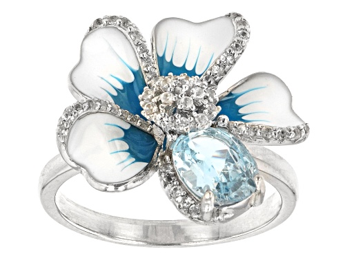 Photo of 1.17ct Oval Glacier Topaz(TM) With 0.44ctw Zircon Rhodium Over Sterling Silver Enamel Flower Ring - Size 9