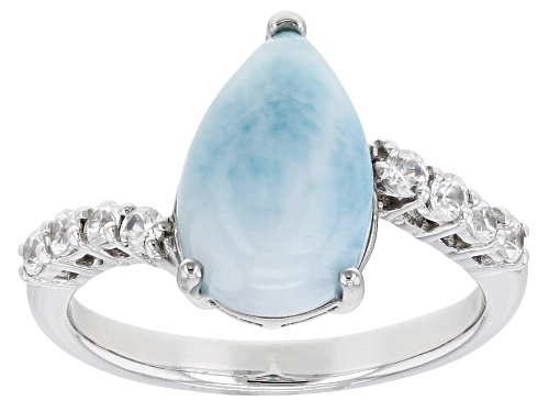 Photo of 12x8mm Pear Cabochon Larimar With 0.34ctw Round White Zircon Rhodium Over Sterling Silver Ring - Size 8