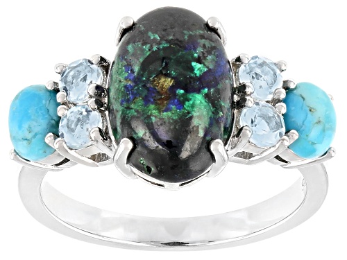Photo of 12x8mm Azurmalachite, 5x4mm Turquoise & .44ctw Glacier Topaz™ Rhodium Over Sterling Silver Ring - Size 7