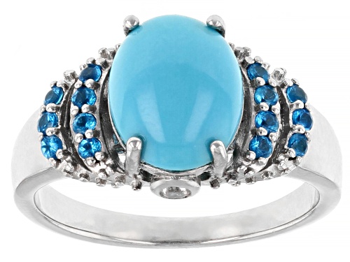 10x8mm Sleeping Beauty Turquoise, .20ctw Neon Apatite & .09ctw White Zircon Rhodium Over Silver Ring - Size 7