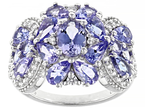 Photo of 3.25ctw Mixed Shape Tanzanite With .24ctw White Zircon Rhodium Over Silver Cluster Band Ring - Size 8