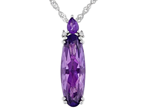 3.45ctw Oval & Pear Shape Amethyst With .02ctw White Zircon Rhodium Over Silver Pendant W/Chain