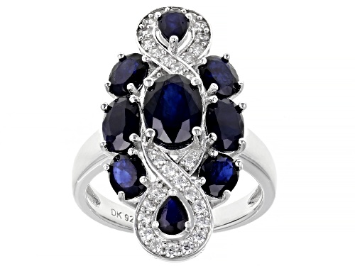 Photo of 4.17ctw Oval & Pear Shape Blue Sapphire With .14ctw Zircon Rhodium Over Silver Ring - Size 7