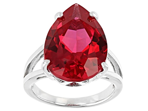 11.39ct PEAR SHAPE LAB CREATED PADPARADSCHA SAPPHIRE RHODIUM OVER STERLING SILVER RING - Size 7