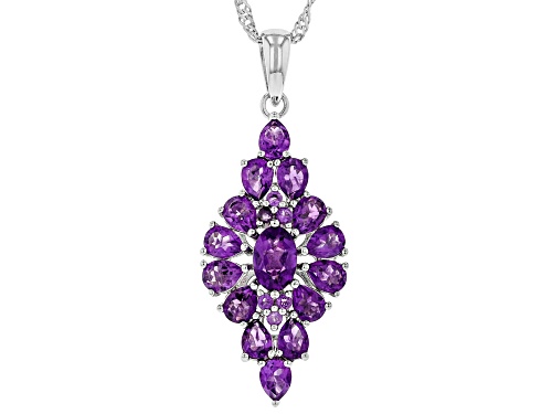 Photo of 2.35ctw Oval, Pear Shape & Round African Amethyst Cluster, Rhodium Over Silver Pendant W/Chain