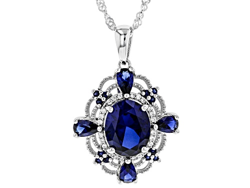 3.54ctw Mixed Lab Created Blue Sapphire with .13ctw White Zircon Rhodium Over Silver Pendant W/Chain