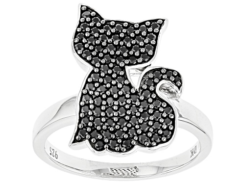 .92ctw Round Black Spinel Rhodium Over Sterling Silver "Cat" Ring - Size 7