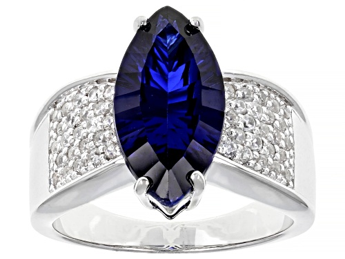 Photo of 4.25ct LAB CREATED BLUE SAPPHIRE WITH .47ctw WHITE ZIRCON RHODIUM OVER STERLING SILVER RING - Size 9