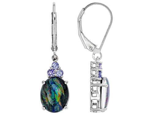 Photo of 10x8mm Oval Australian Opal Triplet with .20ctw Tanzanite Rhodium Over Silver Dangle Earrings