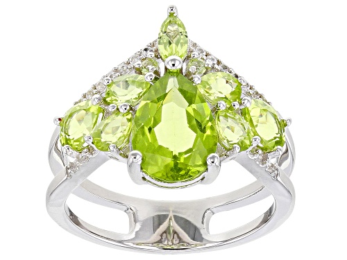 3.13ctw Mixed Shape Manchurian Peridot(TM) With .09ctw White Zircon Rhodium Over Silver Ring - Size 8