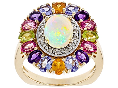 3.72ctw Ethiopian Opal & Multi-Gemstone With Diamond Accent 18k Yellow Gold Over Silver Ring - Size 5